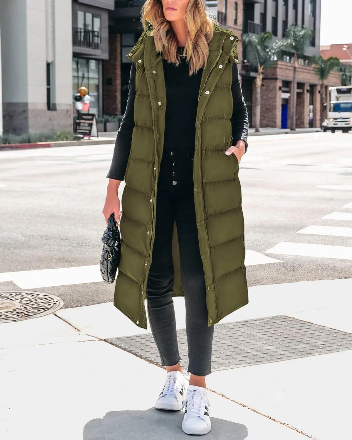 BTFBM Long Puffer Vest Women Quilted Hooded Button Down Zip Up Sleeveless Vests Outerwear Padded Jacket Fall Winter Coat