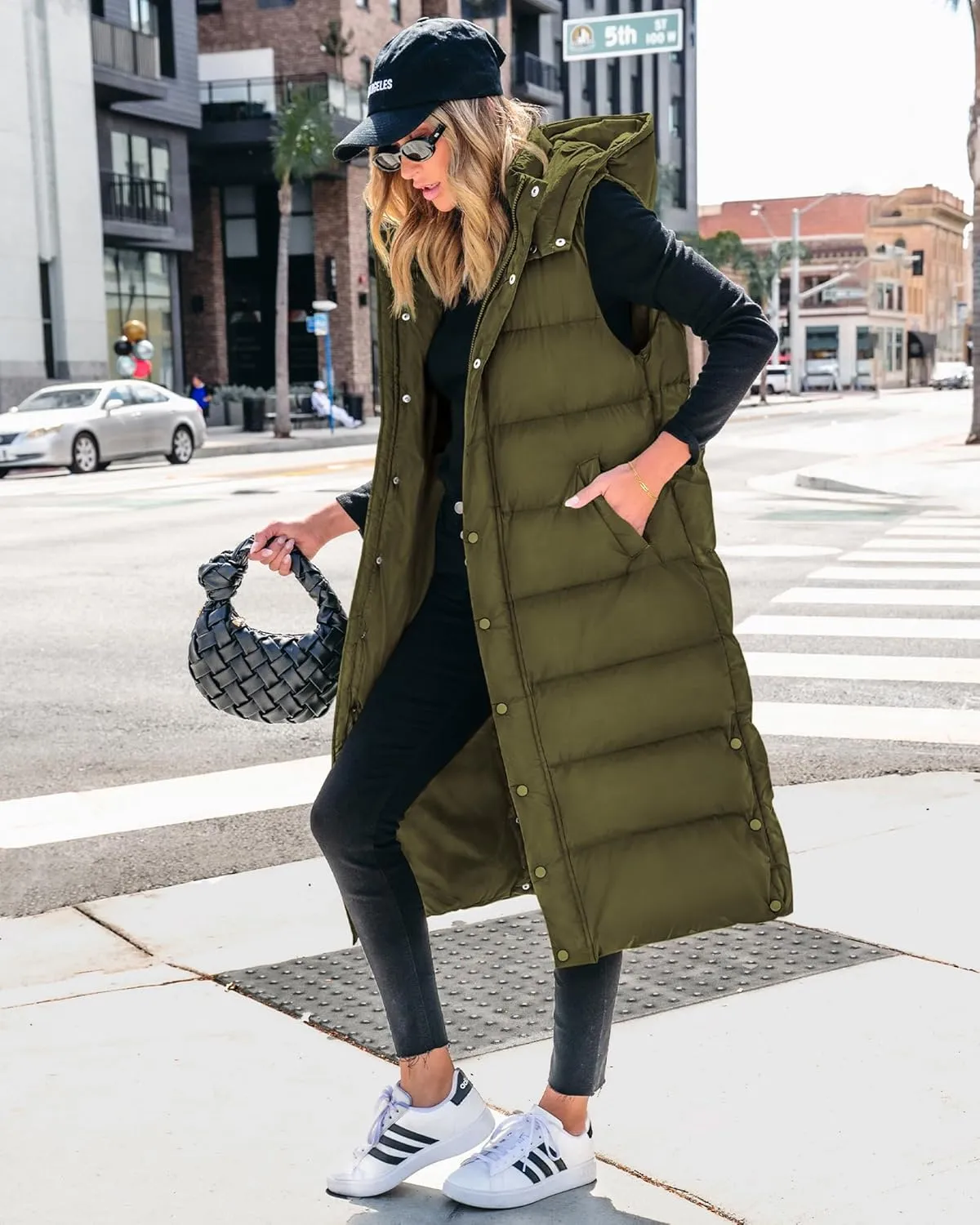 BTFBM Long Puffer Vest Women Quilted Hooded Button Down Zip Up Sleeveless Vests Outerwear Padded Jacket Fall Winter Coat