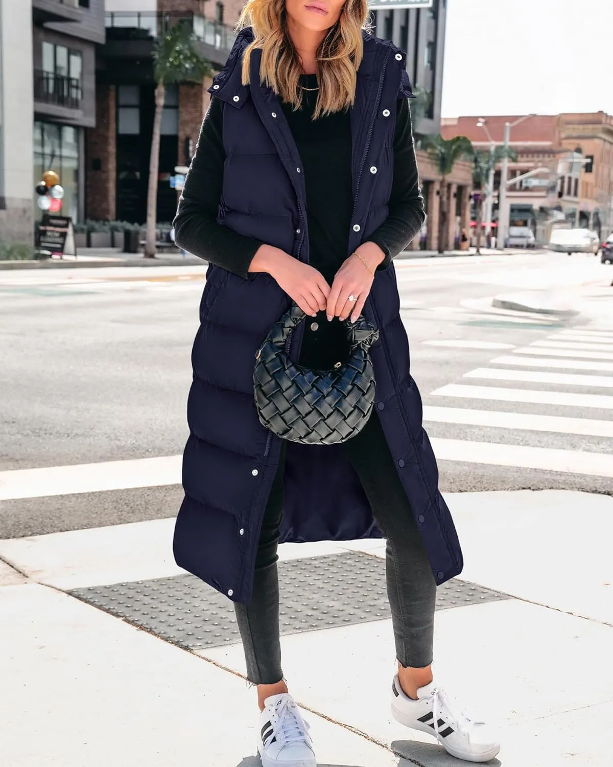 BTFBM Long Puffer Vest Women Quilted Hooded Button Down Zip Up Sleeveless Vests Outerwear Padded Jacket Fall Winter Coat