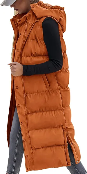 BTFBM Long Puffer Vest Women Quilted Hooded Button Down Zip Up Sleeveless Vests Outerwear Padded Jacket Fall Winter Coat