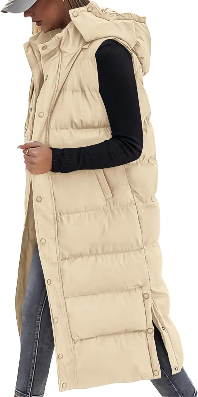 BTFBM Long Puffer Vest Women Quilted Hooded Button Down Zip Up Sleeveless Vests Outerwear Padded Jacket Fall Winter Coat