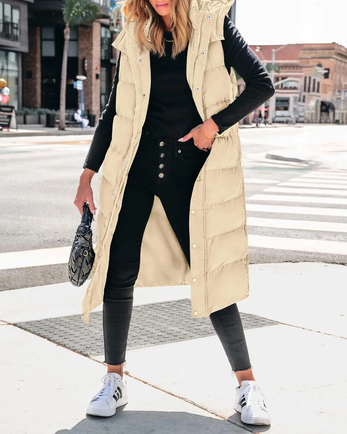 BTFBM Long Puffer Vest Women Quilted Hooded Button Down Zip Up Sleeveless Vests Outerwear Padded Jacket Fall Winter Coat