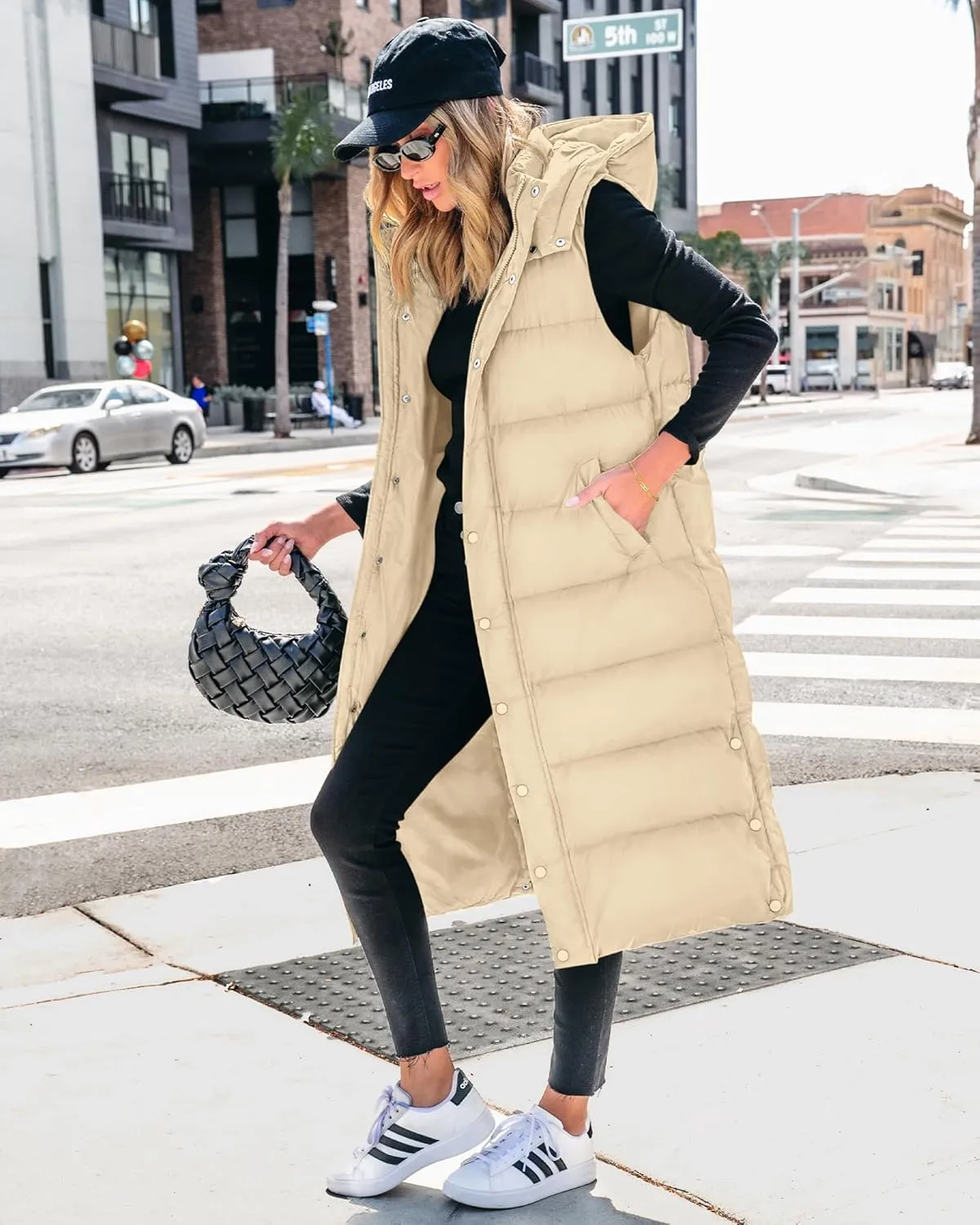 BTFBM Long Puffer Vest Women Quilted Hooded Button Down Zip Up Sleeveless Vests Outerwear Padded Jacket Fall Winter Coat
