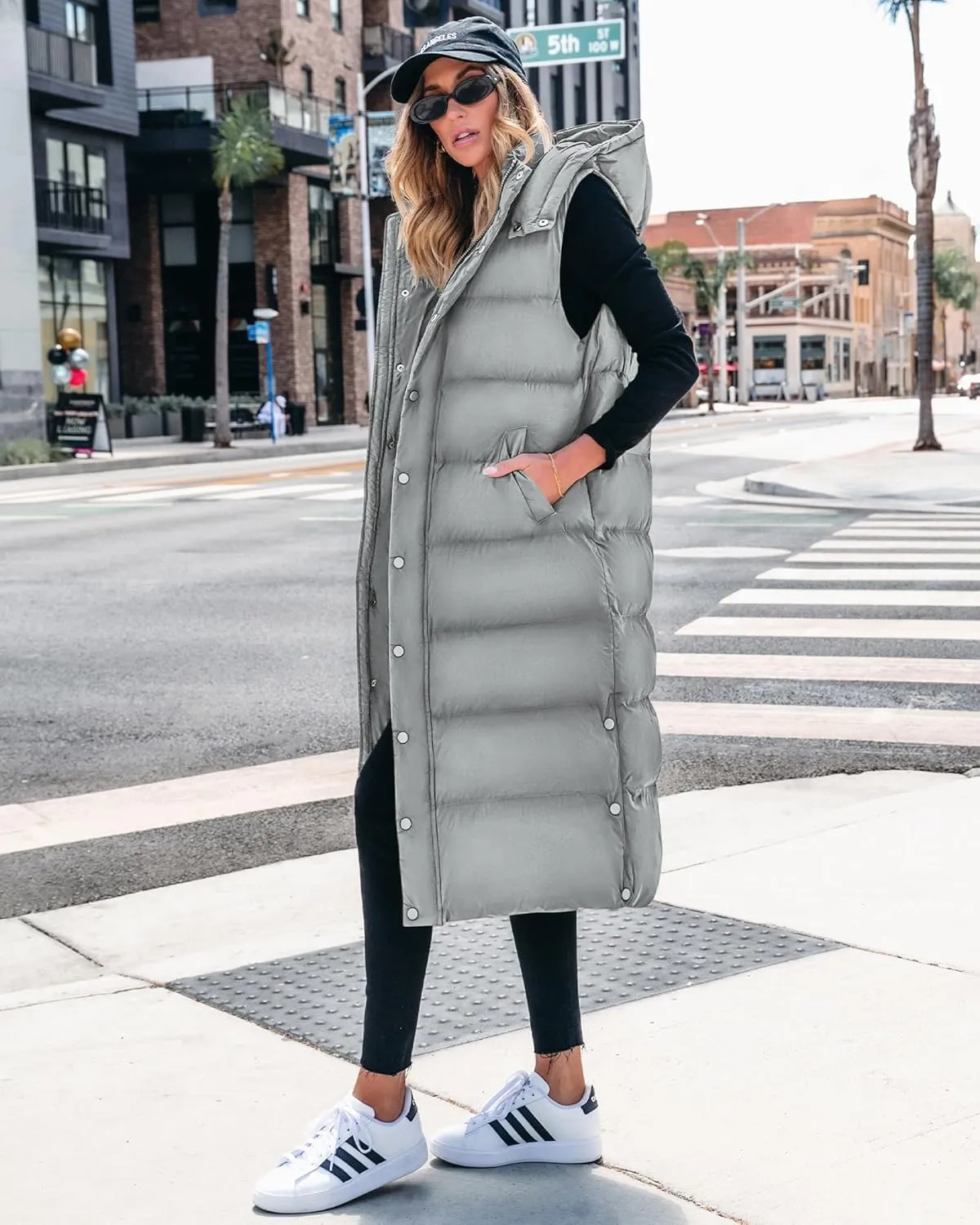 BTFBM Long Puffer Vest Women Quilted Hooded Button Down Zip Up Sleeveless Vests Outerwear Padded Jacket Fall Winter Coat