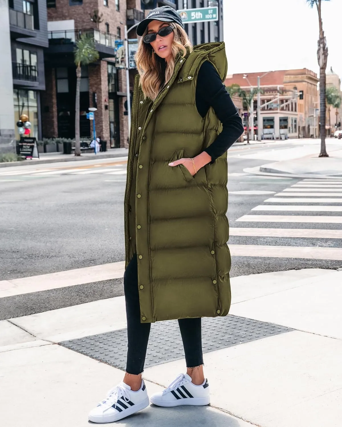 BTFBM Long Puffer Vest Women Quilted Hooded Button Down Zip Up Sleeveless Vests Outerwear Padded Jacket Fall Winter Coat