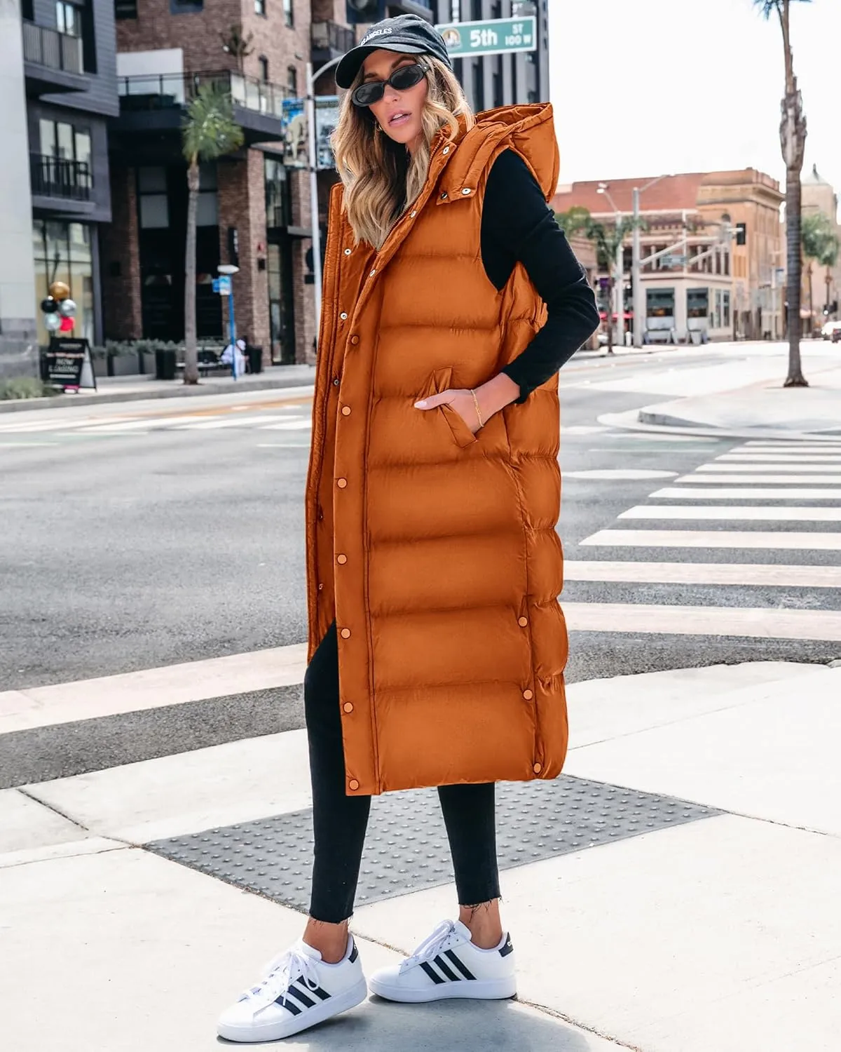 BTFBM Long Puffer Vest Women Quilted Hooded Button Down Zip Up Sleeveless Vests Outerwear Padded Jacket Fall Winter Coat