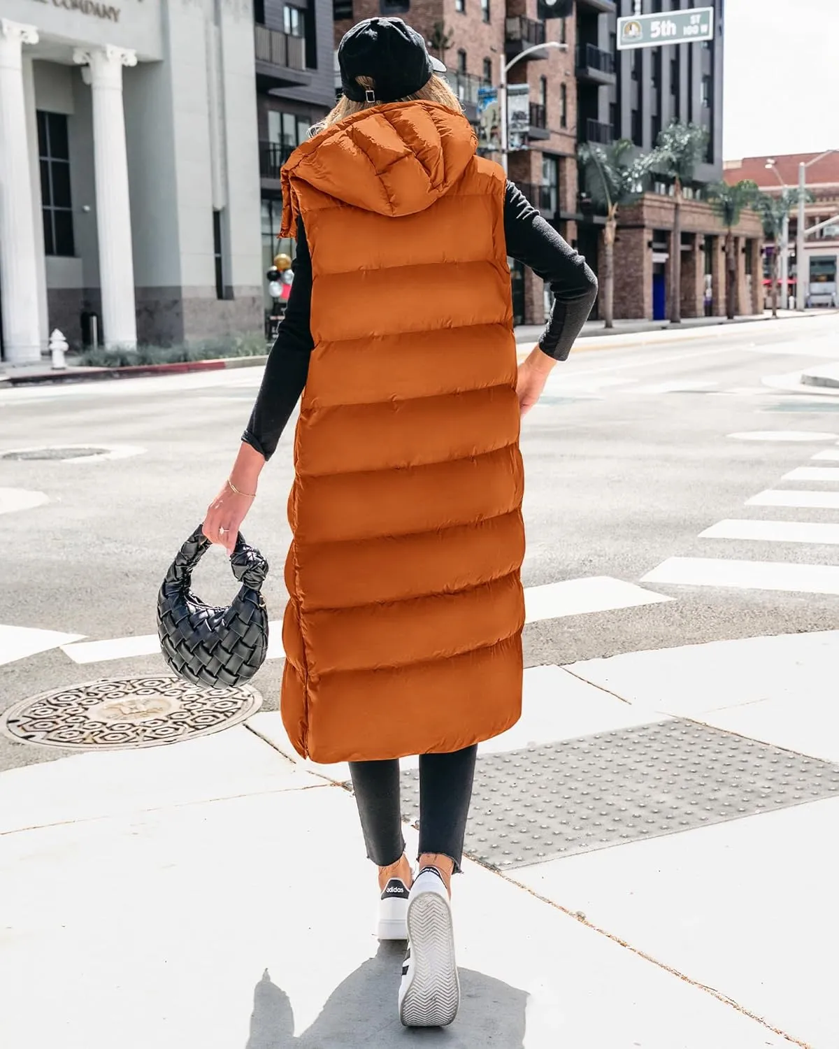 BTFBM Long Puffer Vest Women Quilted Hooded Button Down Zip Up Sleeveless Vests Outerwear Padded Jacket Fall Winter Coat