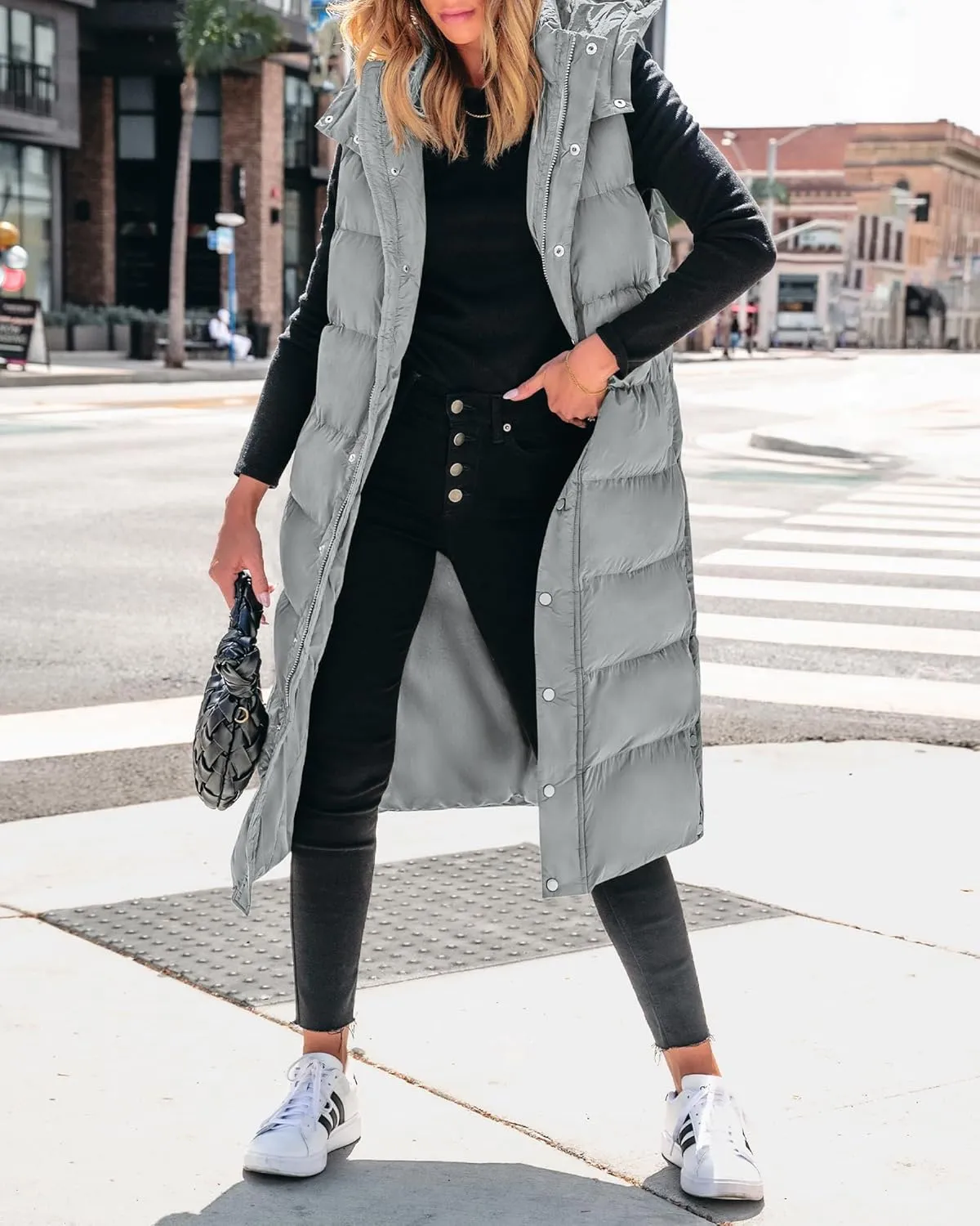 BTFBM Long Puffer Vest Women Quilted Hooded Button Down Zip Up Sleeveless Vests Outerwear Padded Jacket Fall Winter Coat