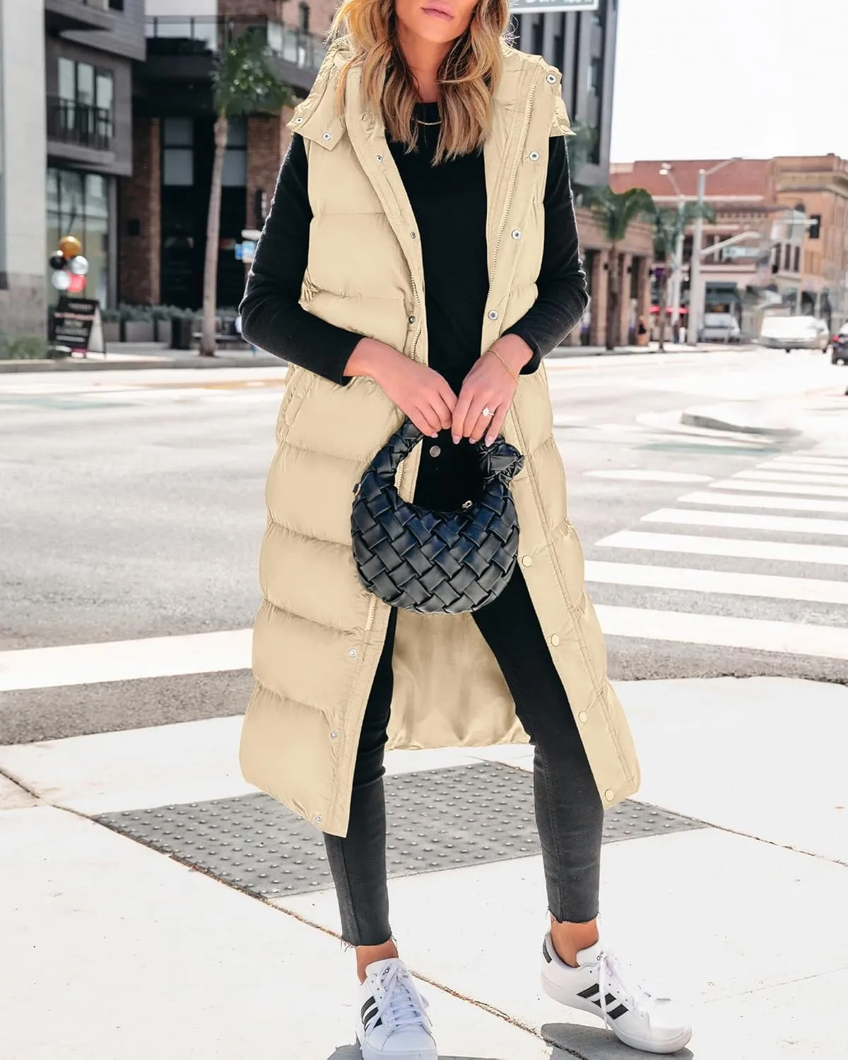 BTFBM Long Puffer Vest Women Quilted Hooded Button Down Zip Up Sleeveless Vests Outerwear Padded Jacket Fall Winter Coat