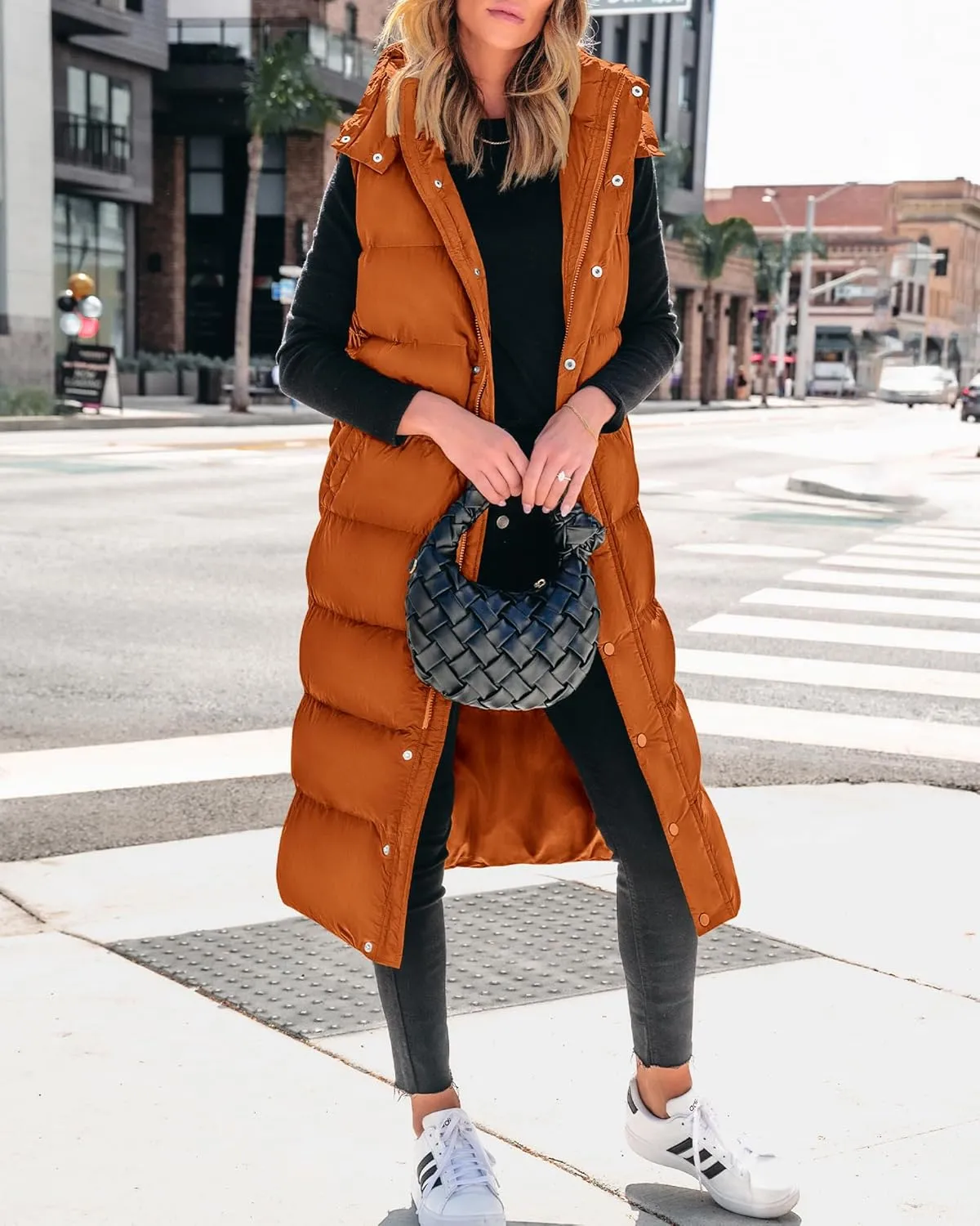 BTFBM Long Puffer Vest Women Quilted Hooded Button Down Zip Up Sleeveless Vests Outerwear Padded Jacket Fall Winter Coat