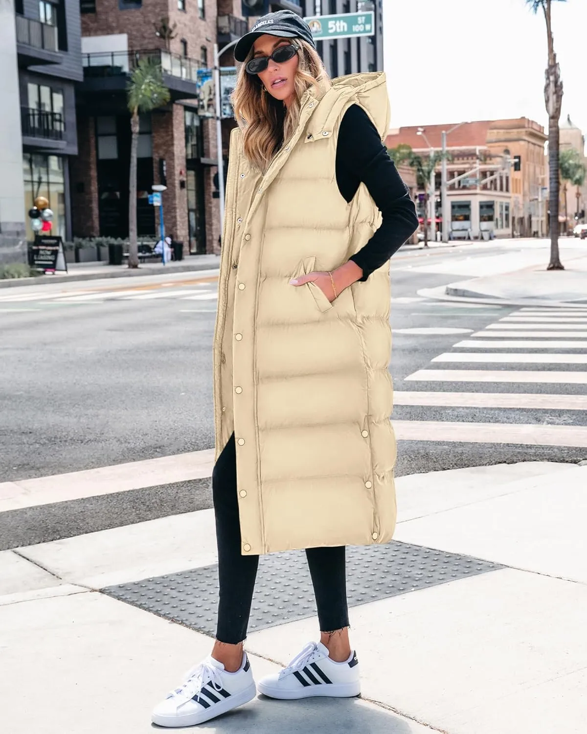 BTFBM Long Puffer Vest Women Quilted Hooded Button Down Zip Up Sleeveless Vests Outerwear Padded Jacket Fall Winter Coat