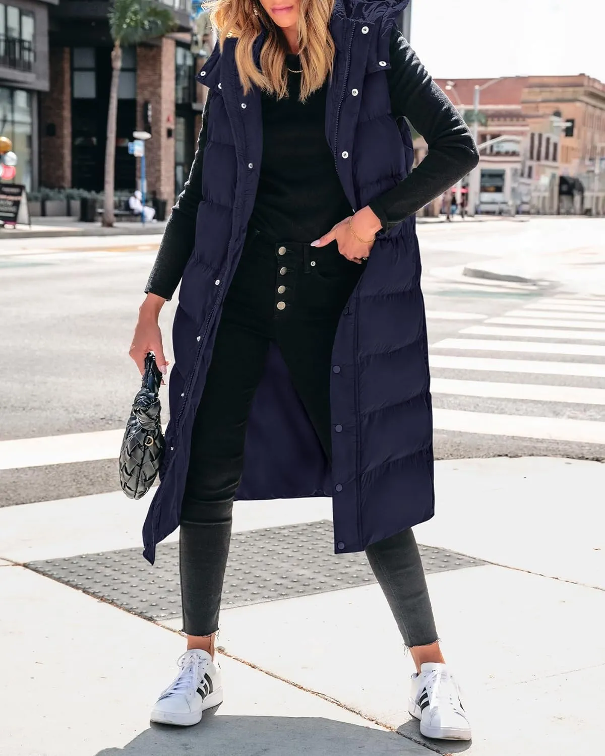 BTFBM Long Puffer Vest Women Quilted Hooded Button Down Zip Up Sleeveless Vests Outerwear Padded Jacket Fall Winter Coat
