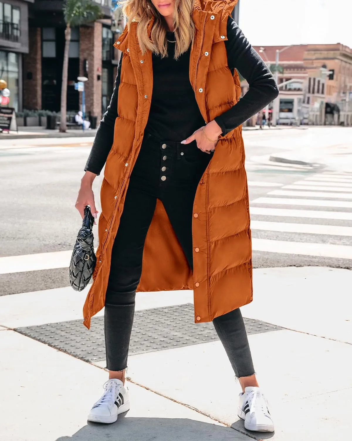 BTFBM Long Puffer Vest Women Quilted Hooded Button Down Zip Up Sleeveless Vests Outerwear Padded Jacket Fall Winter Coat