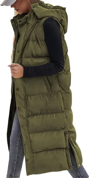 BTFBM Long Puffer Vest Women Quilted Hooded Button Down Zip Up Sleeveless Vests Outerwear Padded Jacket Fall Winter Coat