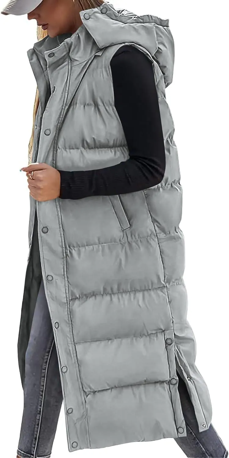 BTFBM Long Puffer Vest Women Quilted Hooded Button Down Zip Up Sleeveless Vests Outerwear Padded Jacket Fall Winter Coat