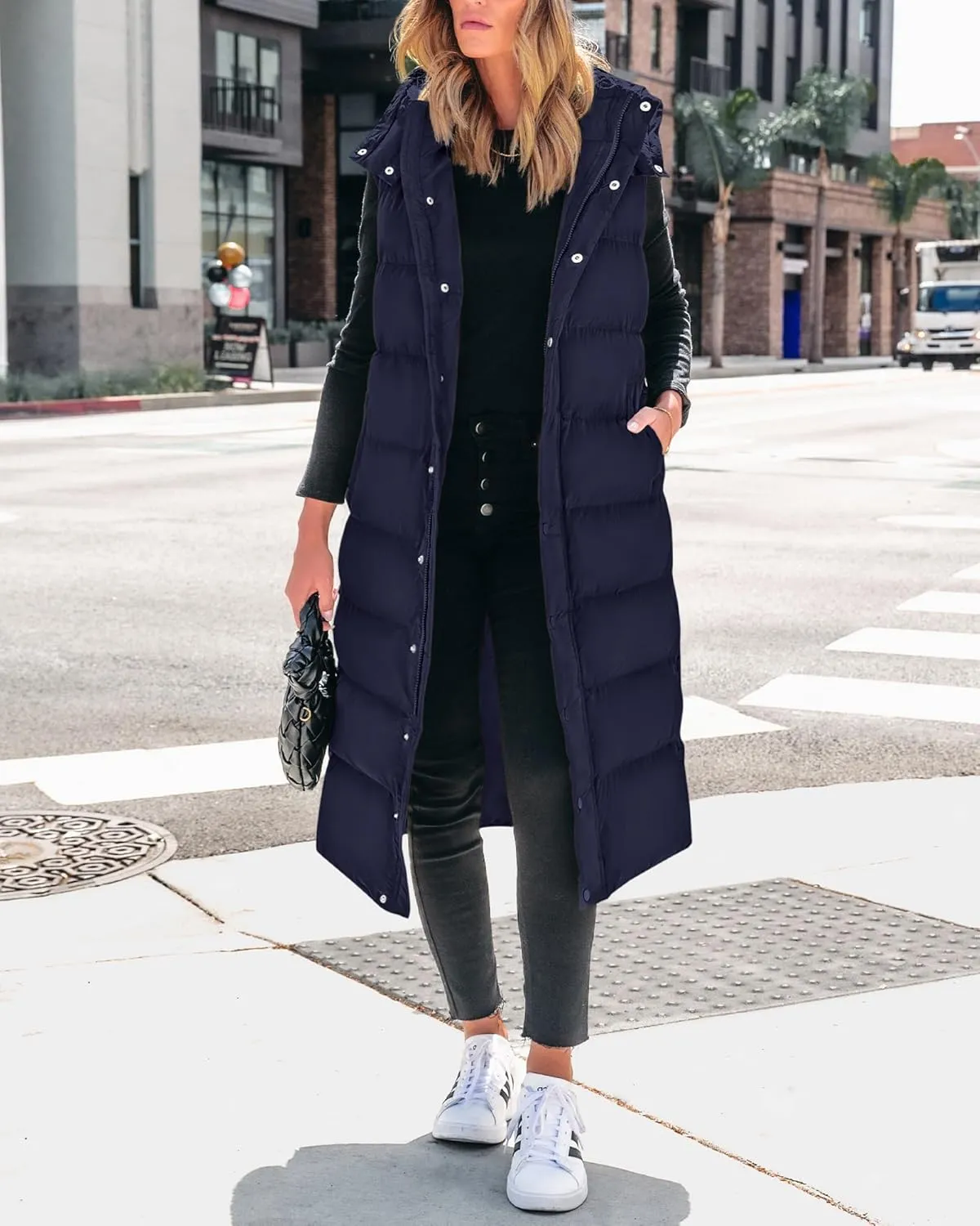 BTFBM Long Puffer Vest Women Quilted Hooded Button Down Zip Up Sleeveless Vests Outerwear Padded Jacket Fall Winter Coat