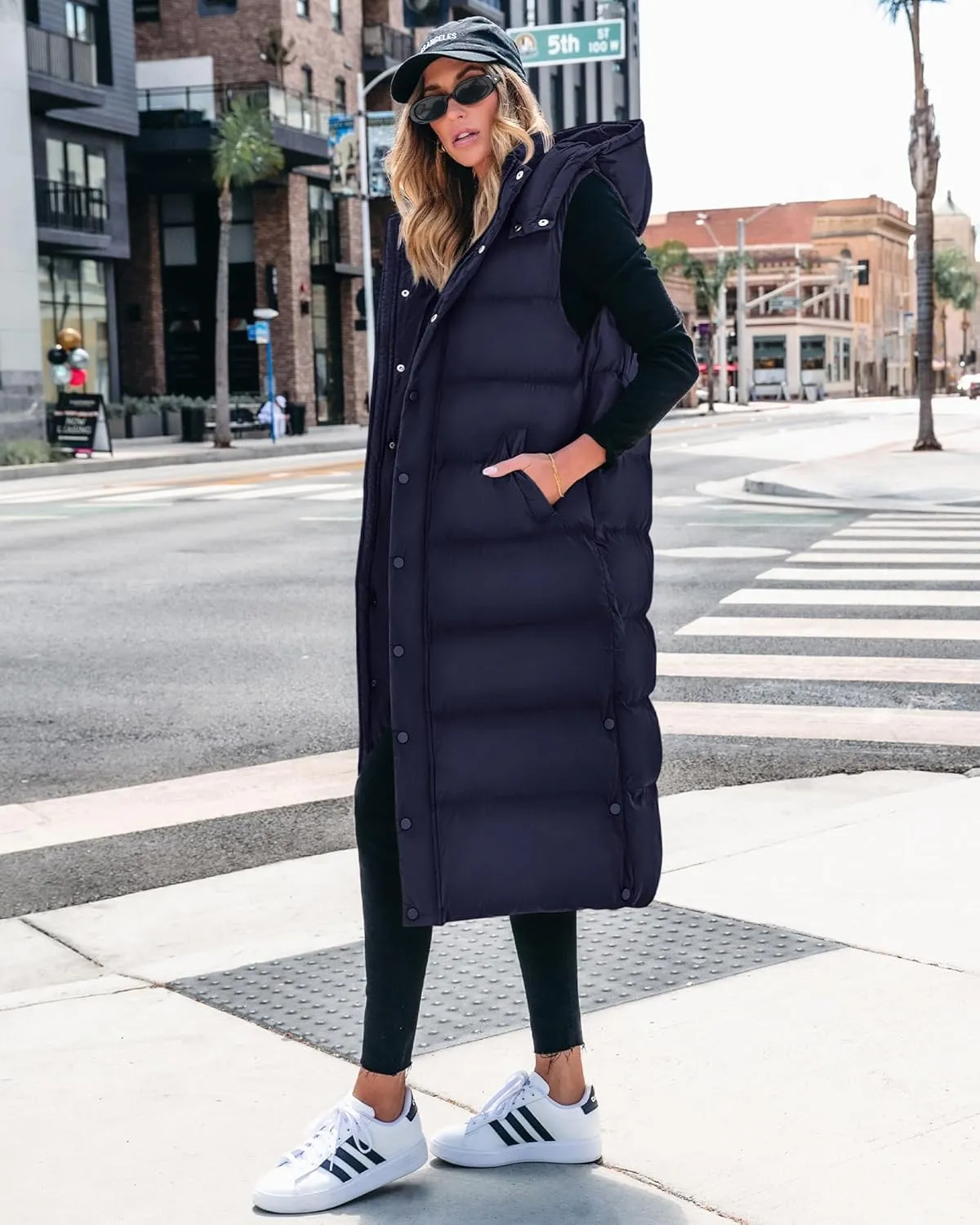 BTFBM Long Puffer Vest Women Quilted Hooded Button Down Zip Up Sleeveless Vests Outerwear Padded Jacket Fall Winter Coat