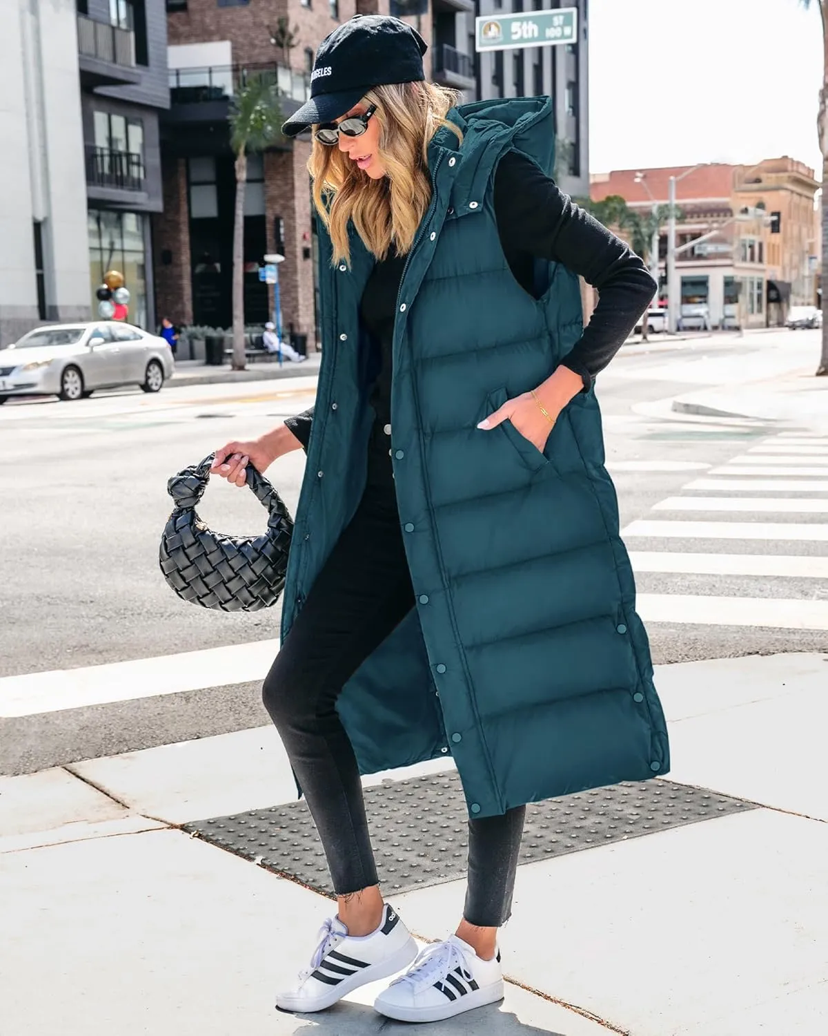 BTFBM Long Puffer Vest Women Quilted Hooded Button Down Zip Up Sleeveless Vests Outerwear Padded Jacket Fall Winter Coat