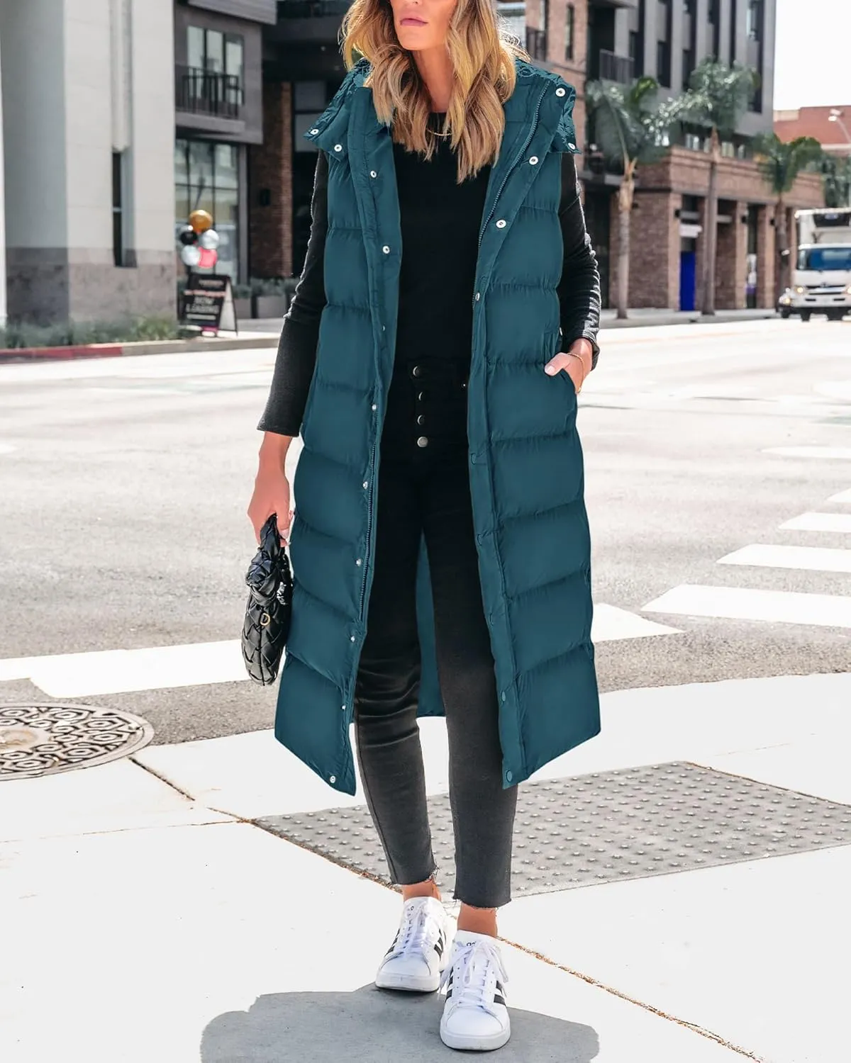 BTFBM Long Puffer Vest Women Quilted Hooded Button Down Zip Up Sleeveless Vests Outerwear Padded Jacket Fall Winter Coat