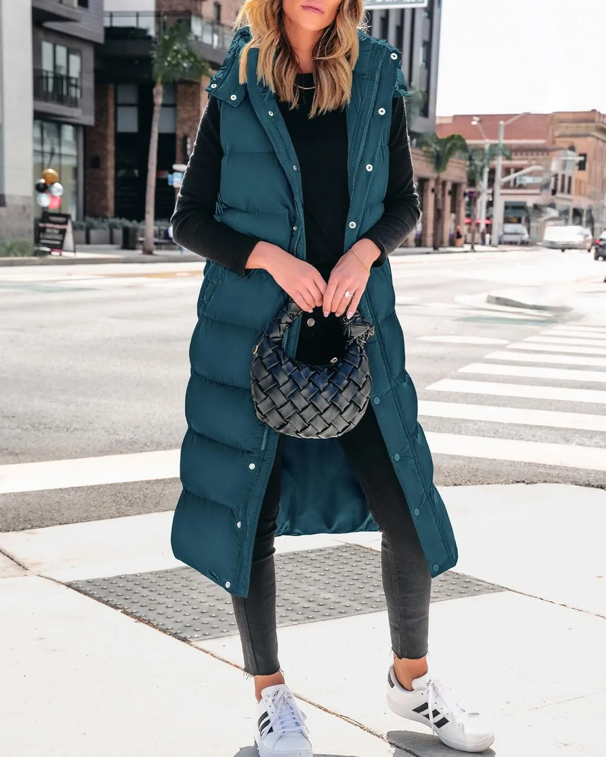 BTFBM Long Puffer Vest Women Quilted Hooded Button Down Zip Up Sleeveless Vests Outerwear Padded Jacket Fall Winter Coat
