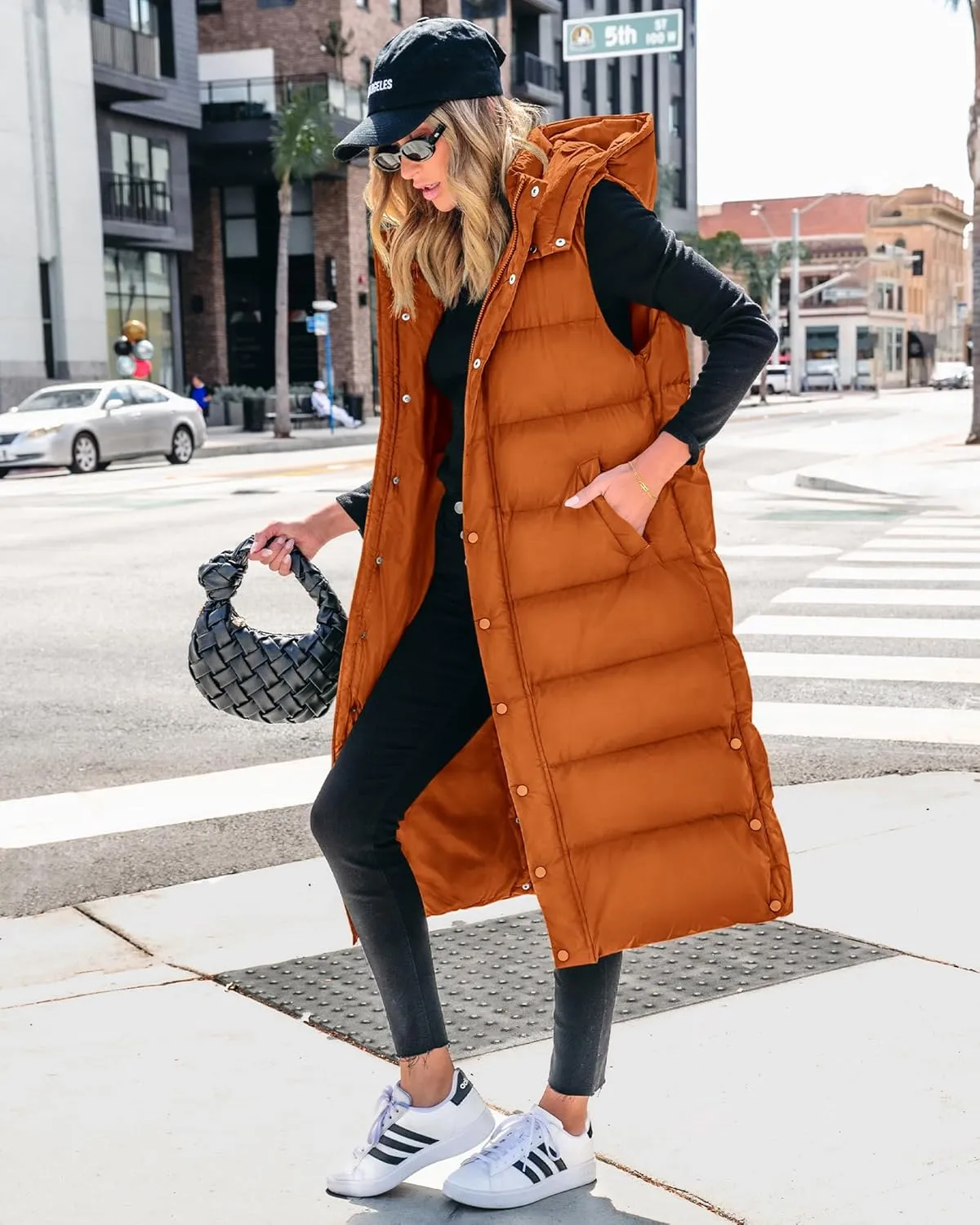 BTFBM Long Puffer Vest Women Quilted Hooded Button Down Zip Up Sleeveless Vests Outerwear Padded Jacket Fall Winter Coat