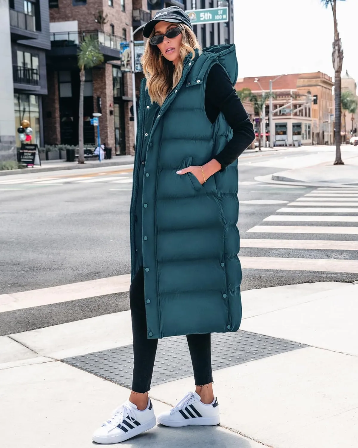 BTFBM Long Puffer Vest Women Quilted Hooded Button Down Zip Up Sleeveless Vests Outerwear Padded Jacket Fall Winter Coat