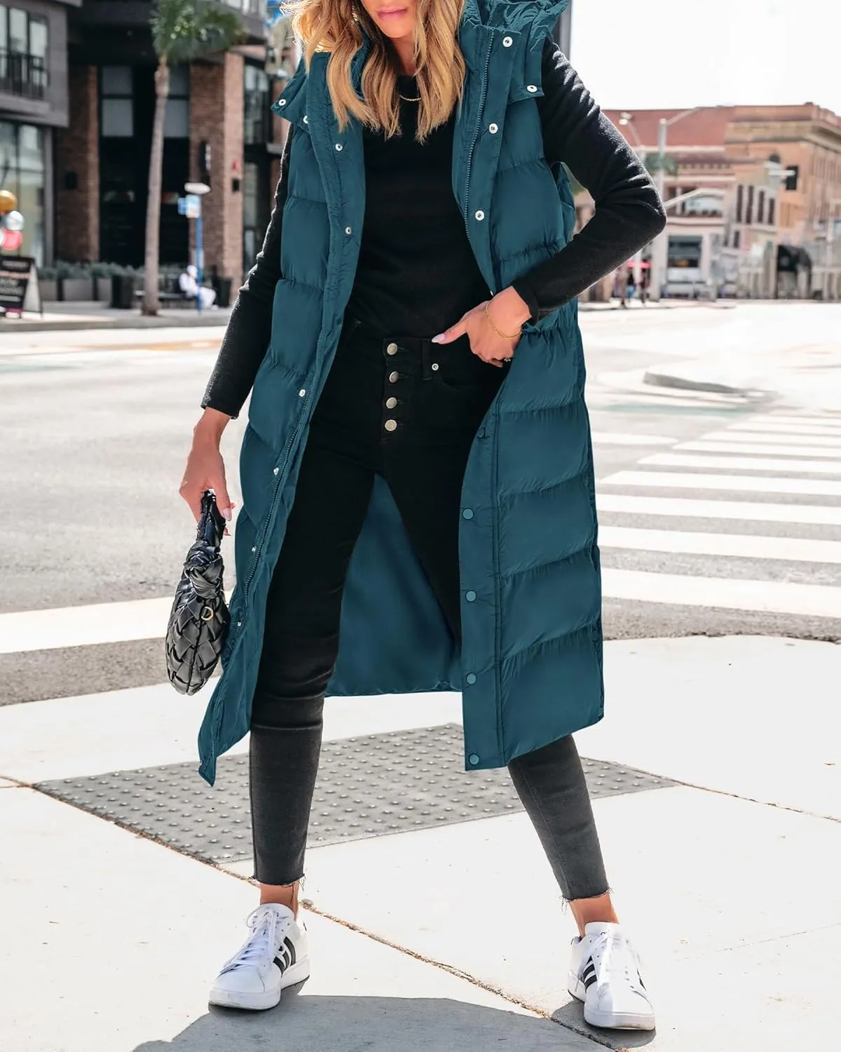 BTFBM Long Puffer Vest Women Quilted Hooded Button Down Zip Up Sleeveless Vests Outerwear Padded Jacket Fall Winter Coat