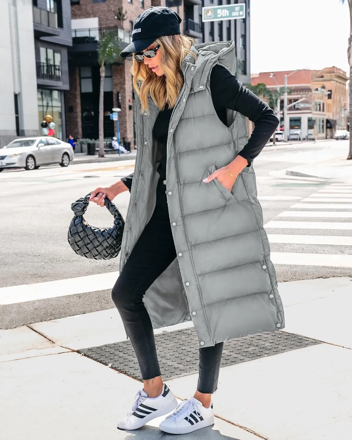 BTFBM Long Puffer Vest Women Quilted Hooded Button Down Zip Up Sleeveless Vests Outerwear Padded Jacket Fall Winter Coat