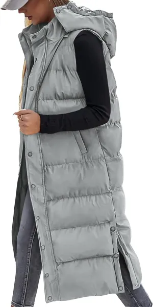 BTFBM Long Puffer Vest Women Quilted Hooded Button Down Zip Up Sleeveless Vests Outerwear Padded Jacket Fall Winter Coat