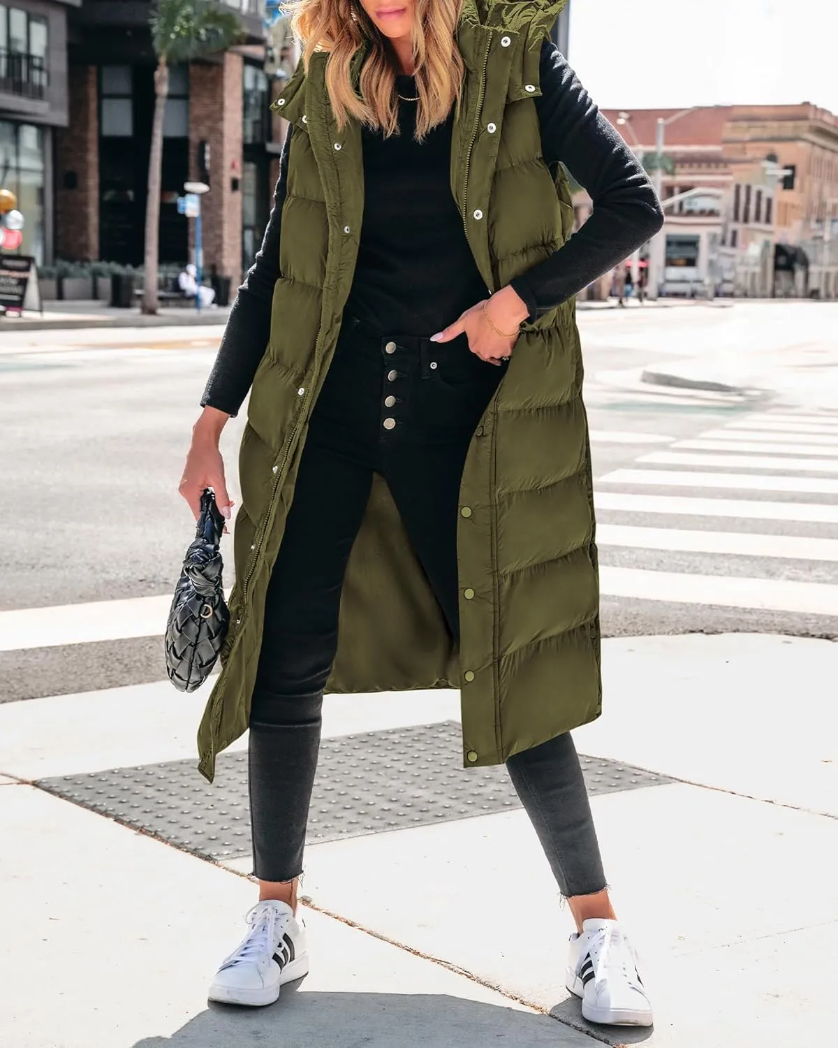 BTFBM Long Puffer Vest Women Quilted Hooded Button Down Zip Up Sleeveless Vests Outerwear Padded Jacket Fall Winter Coat