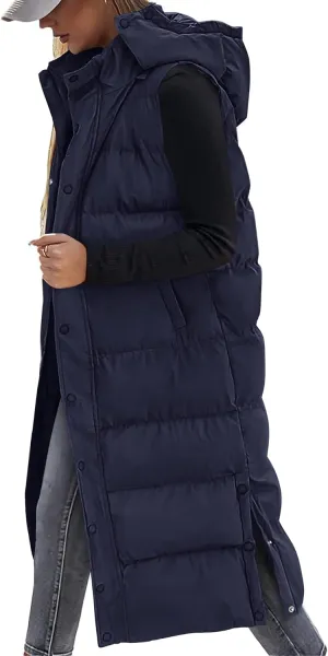 BTFBM Long Puffer Vest Women Quilted Hooded Button Down Zip Up Sleeveless Vests Outerwear Padded Jacket Fall Winter Coat