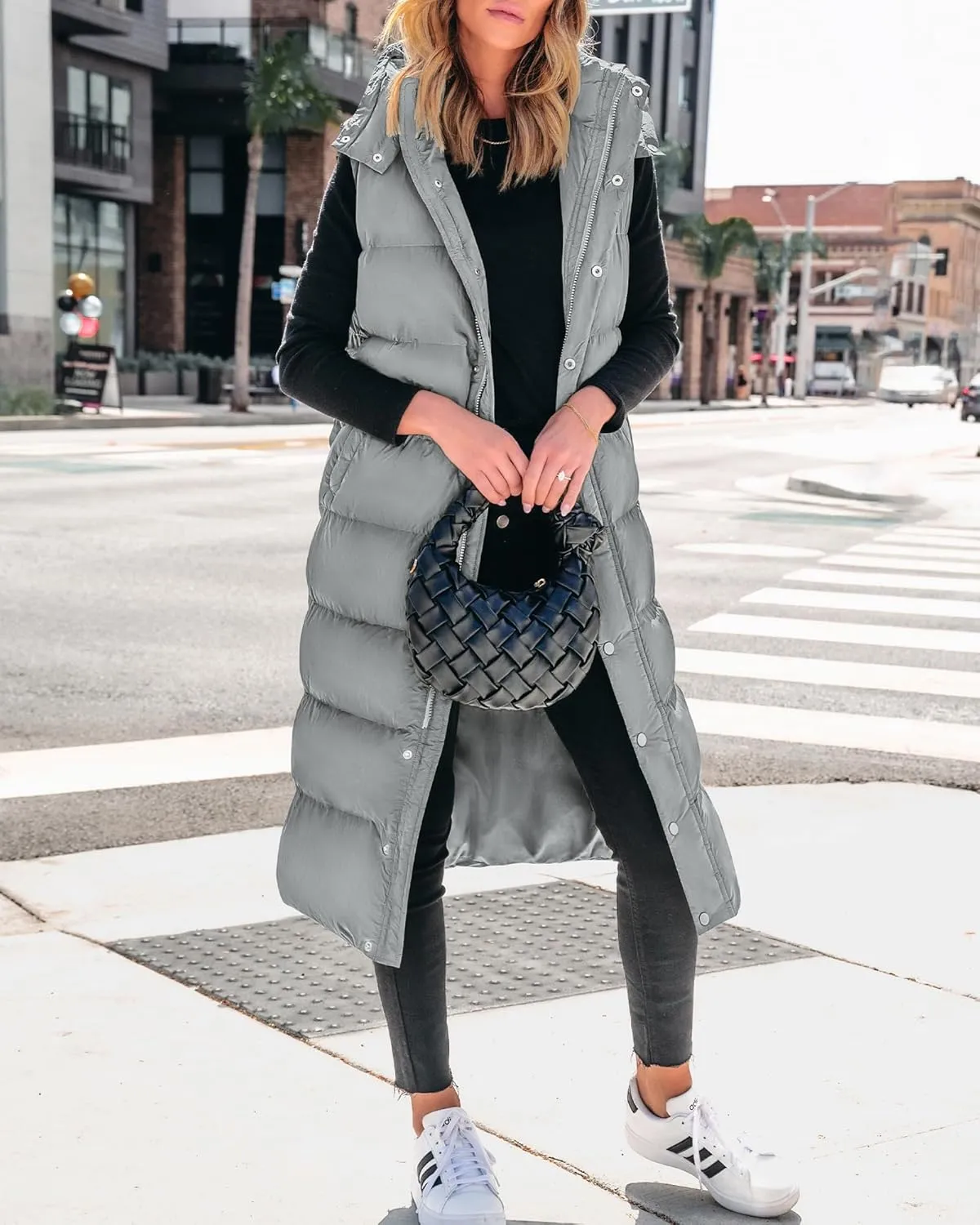 BTFBM Long Puffer Vest Women Quilted Hooded Button Down Zip Up Sleeveless Vests Outerwear Padded Jacket Fall Winter Coat