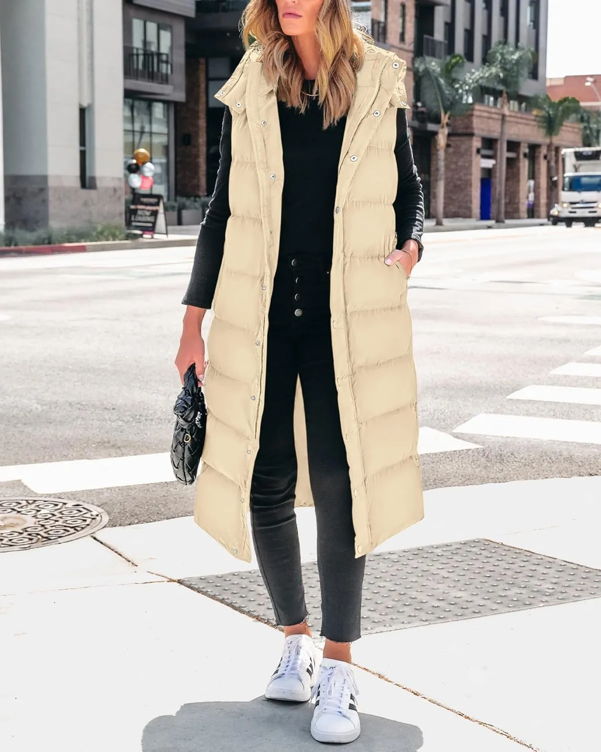 BTFBM Long Puffer Vest Women Quilted Hooded Button Down Zip Up Sleeveless Vests Outerwear Padded Jacket Fall Winter Coat
