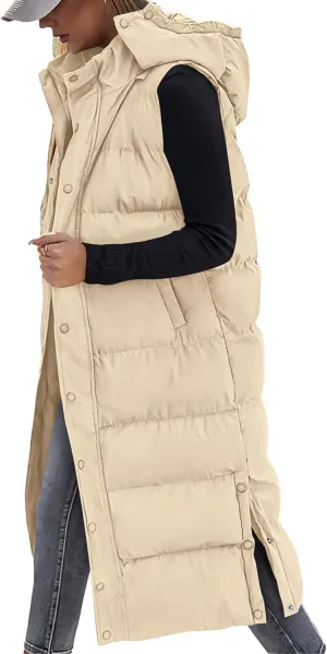BTFBM Long Puffer Vest Women Quilted Hooded Button Down Zip Up Sleeveless Vests Outerwear Padded Jacket Fall Winter Coat
