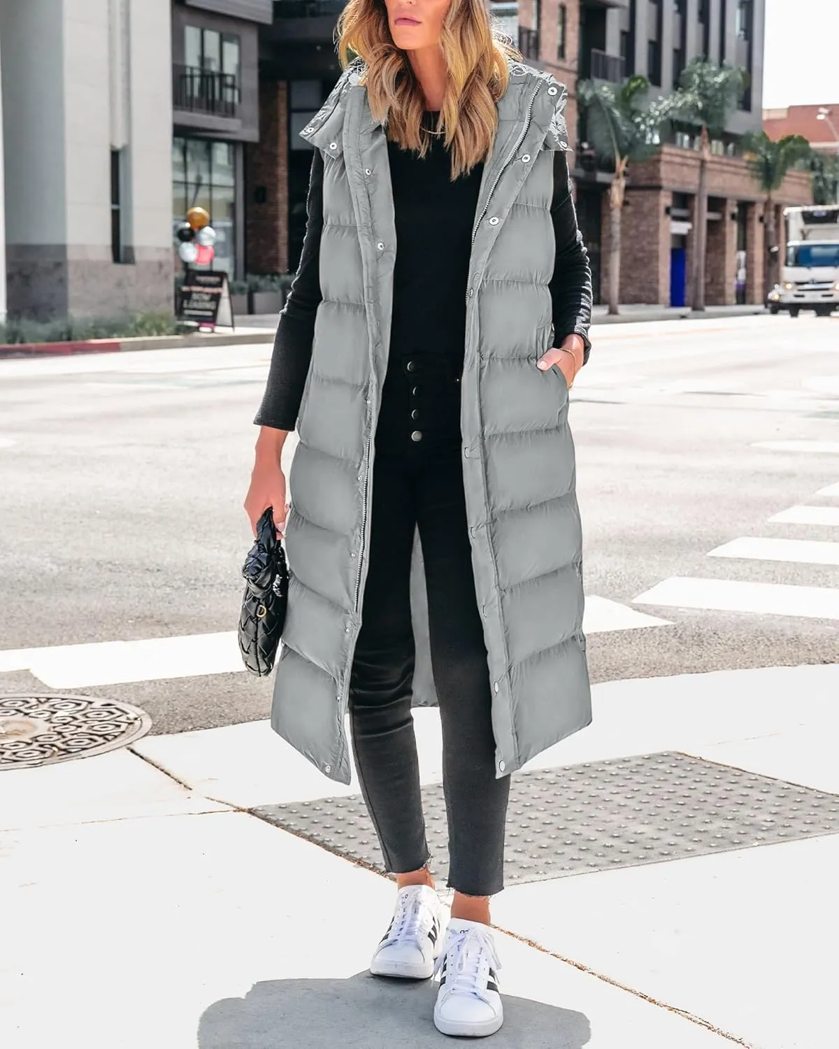 BTFBM Long Puffer Vest Women Quilted Hooded Button Down Zip Up Sleeveless Vests Outerwear Padded Jacket Fall Winter Coat