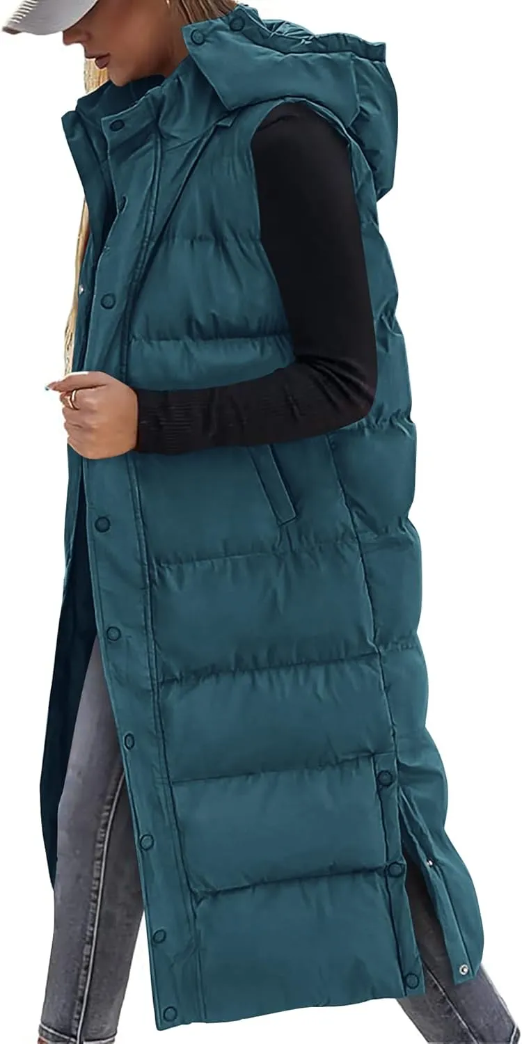 BTFBM Long Puffer Vest Women Quilted Hooded Button Down Zip Up Sleeveless Vests Outerwear Padded Jacket Fall Winter Coat