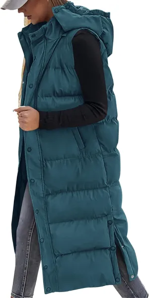 BTFBM Long Puffer Vest Women Quilted Hooded Button Down Zip Up Sleeveless Vests Outerwear Padded Jacket Fall Winter Coat