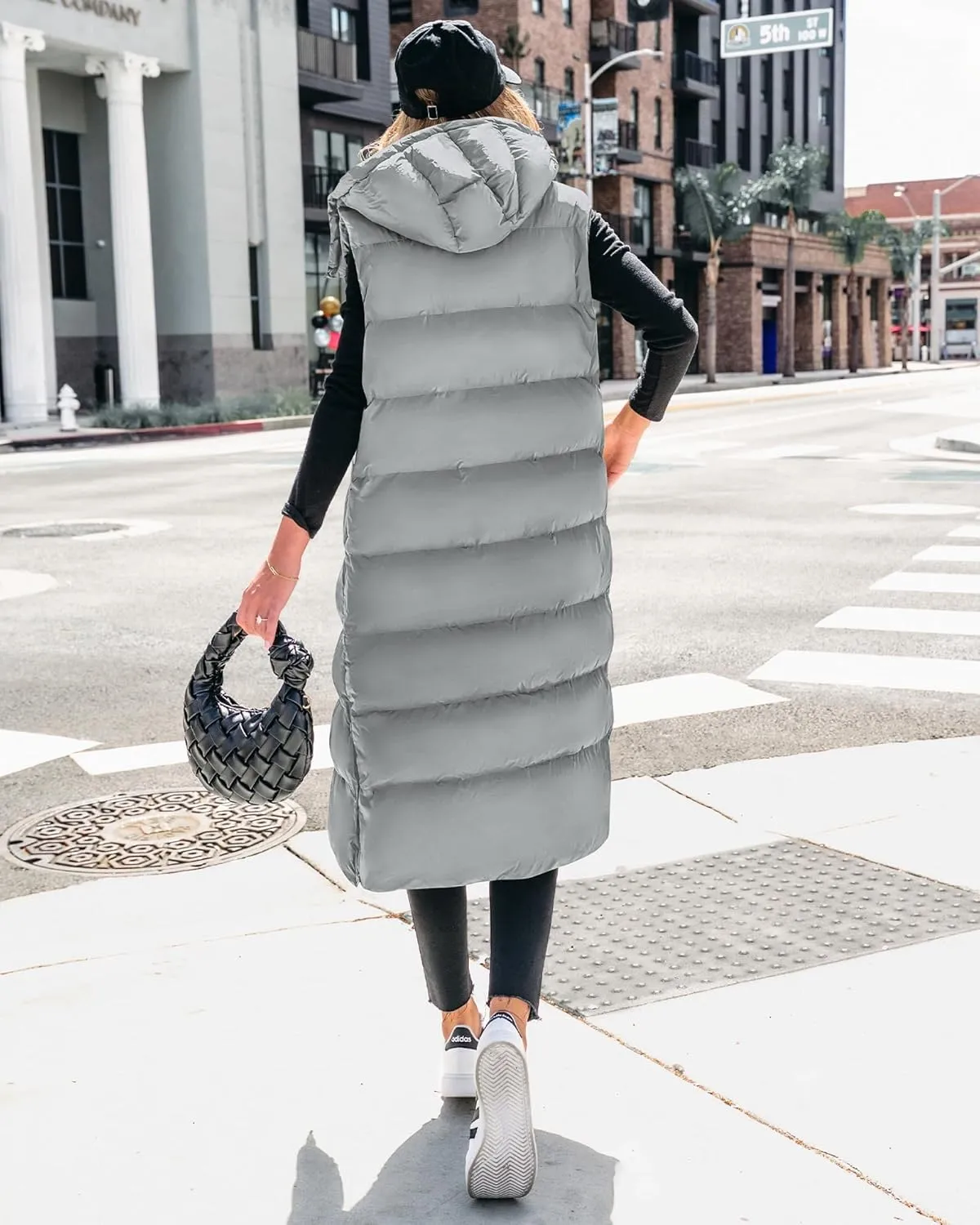 BTFBM Long Puffer Vest Women Quilted Hooded Button Down Zip Up Sleeveless Vests Outerwear Padded Jacket Fall Winter Coat