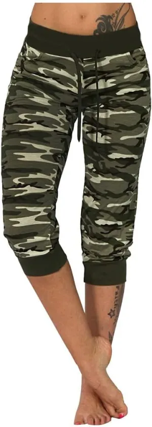 Camo Print Capri Pants for Women High Waist Casual Drawstring Trousers Workout Athletic Running Capri Leggings