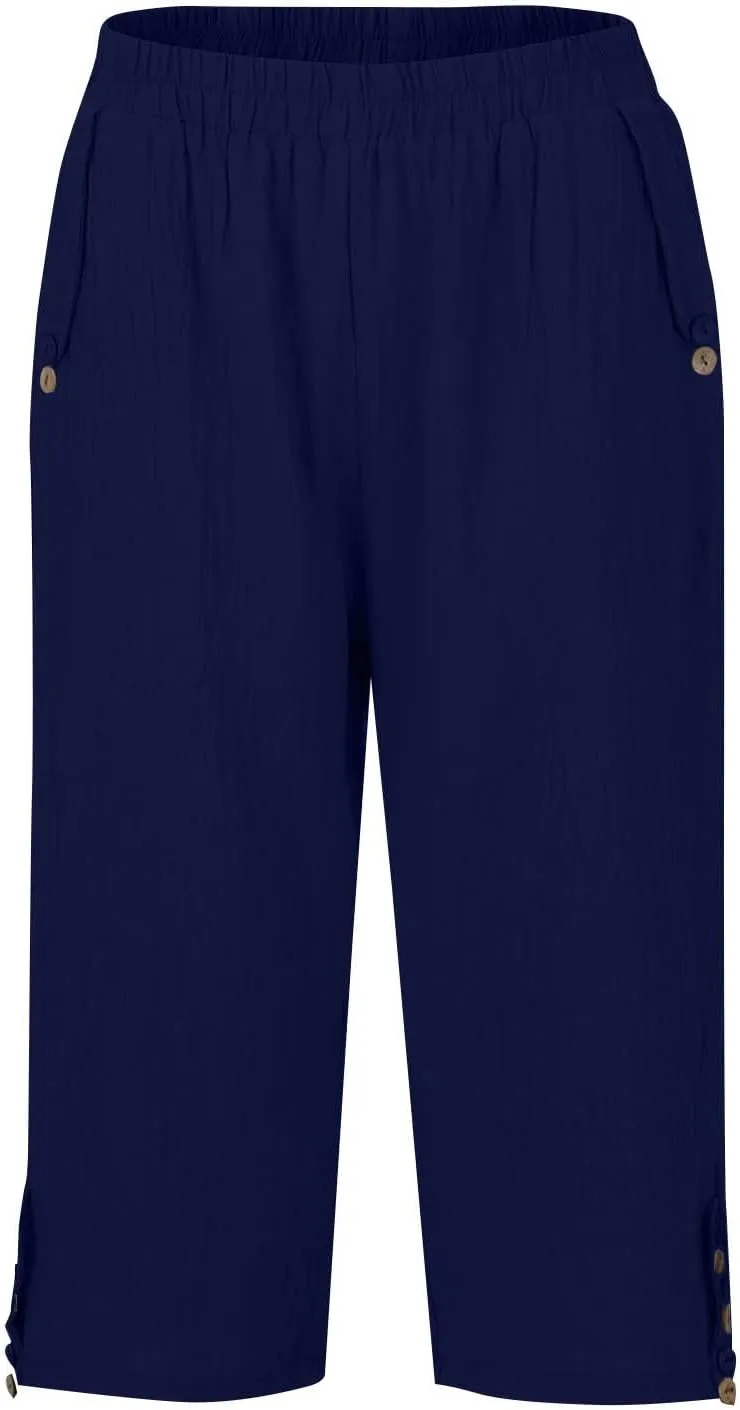 Capri Linen Pants for Women Petite Women's Wide Leg Pants Casual Drawstring Lounge Palazzo Loose Trousers