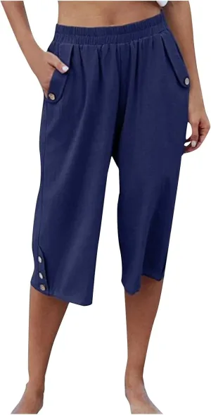 Capri Linen Pants for Women Petite Women's Wide Leg Pants Casual Drawstring Lounge Palazzo Loose Trousers