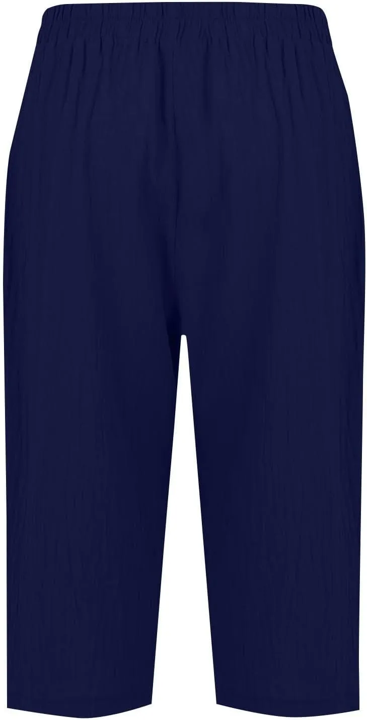 Capri Linen Pants for Women Petite Women's Wide Leg Pants Casual Drawstring Lounge Palazzo Loose Trousers