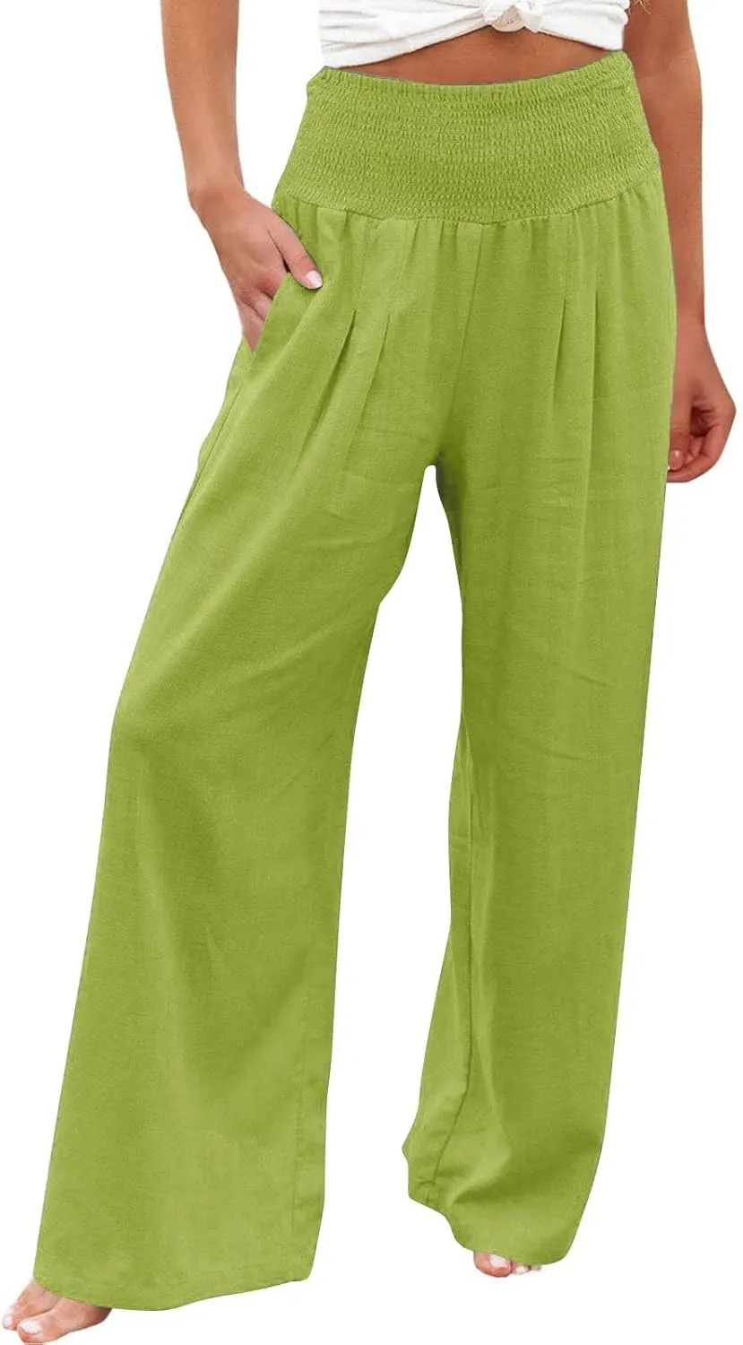 Capri Linen Pants for Women Petite Women's Wide Leg Pants Casual Drawstring Lounge Palazzo Loose Trousers