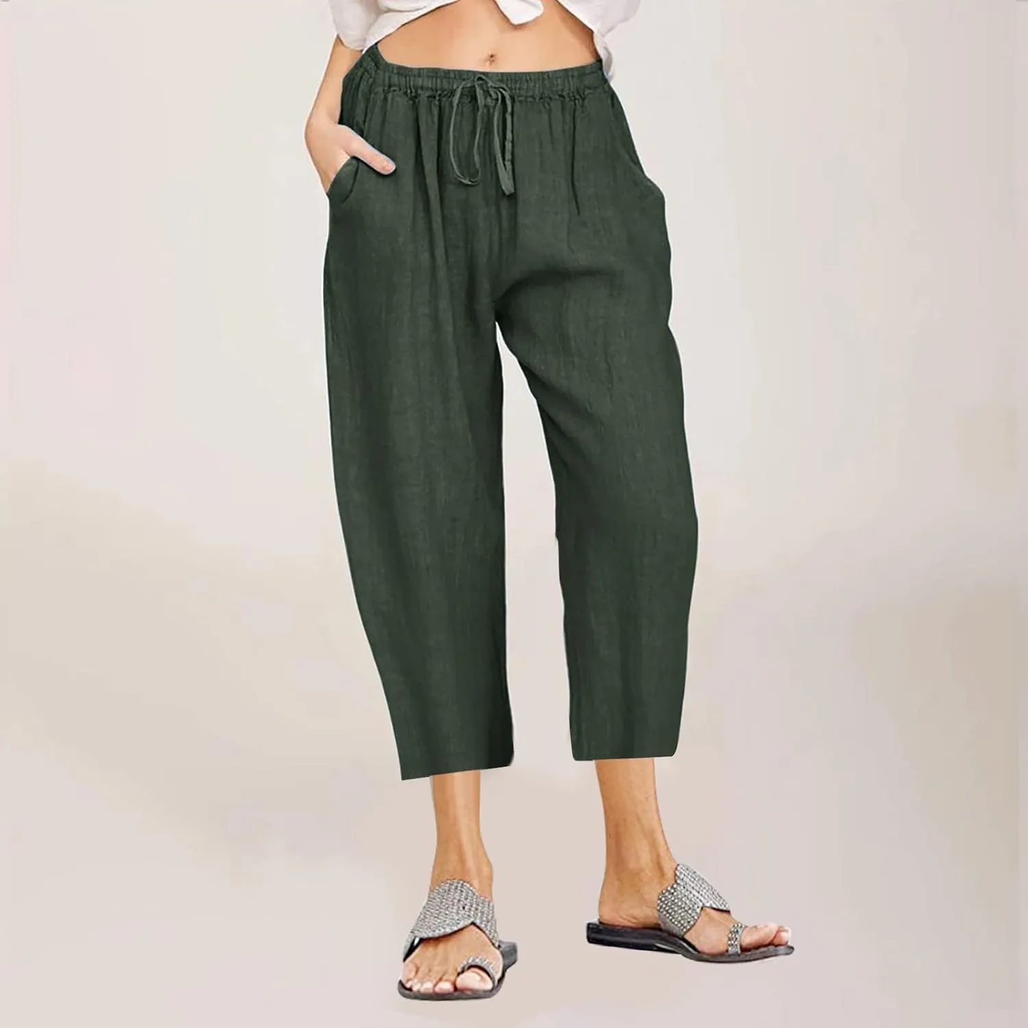 Capri Pants for Women Casual 2025 Summer Drawstring Capris Cotton Linen Pant Straight Wide Leg Cropped Trousers