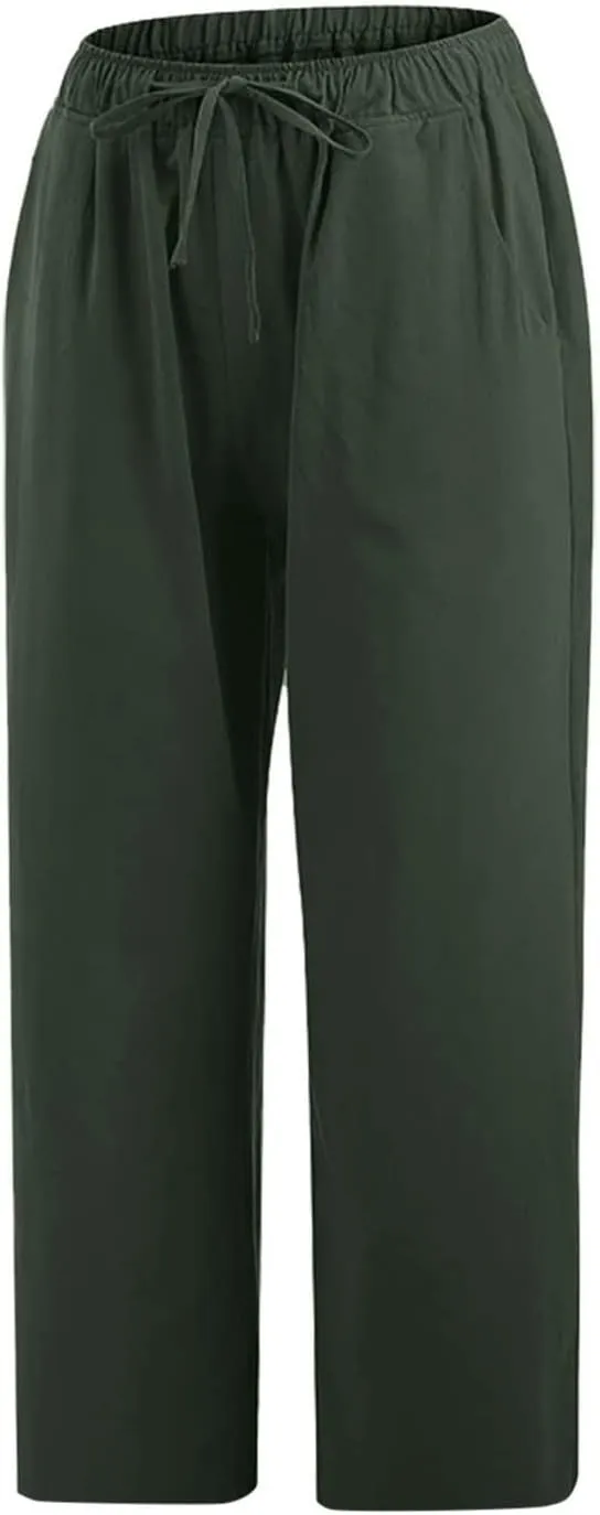Capri Pants for Women Casual 2025 Summer Drawstring Capris Cotton Linen Pant Straight Wide Leg Cropped Trousers