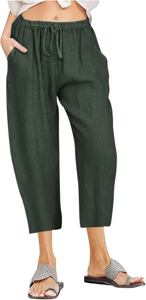 Capri Pants for Women Casual 2025 Summer Drawstring Capris Cotton Linen Pant Straight Wide Leg Cropped Trousers
