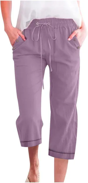 Capri Pants for Women Casual Summer Drawstring Elastic High Waist Linen Pant Straight Wide Leg Cropped Trouser