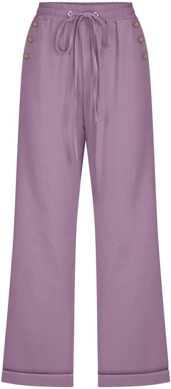 Capri Pants for Women Casual Summer Drawstring Elastic High Waist Linen Pant Straight Wide Leg Cropped Trouser