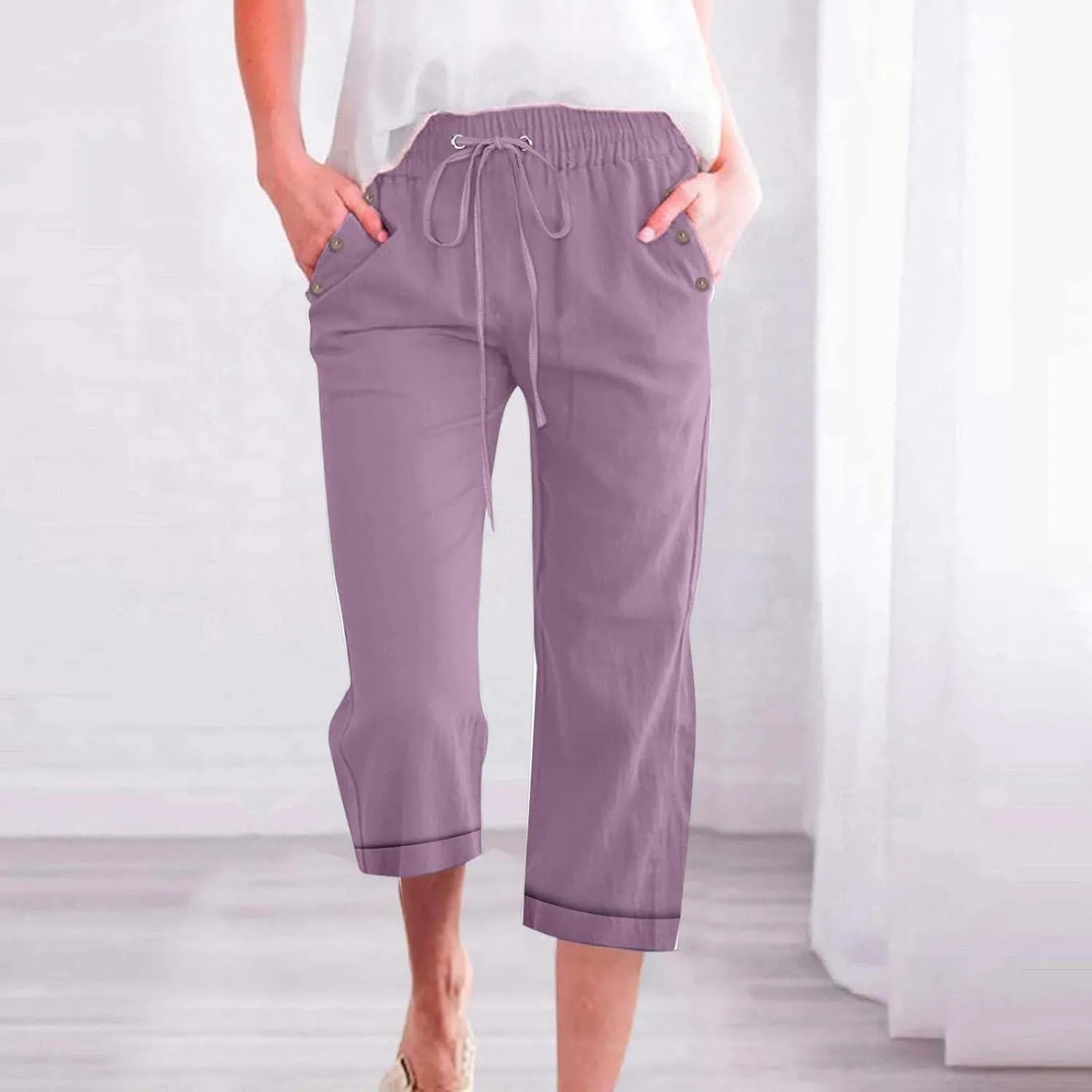 Capri Pants for Women Casual Summer Drawstring Elastic High Waist Linen Pant Straight Wide Leg Cropped Trouser