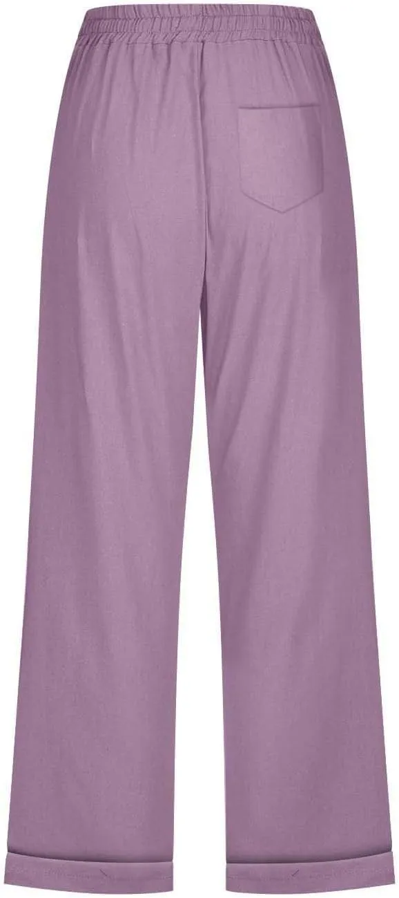 Capri Pants for Women Casual Summer Drawstring Elastic High Waist Linen Pant Straight Wide Leg Cropped Trouser
